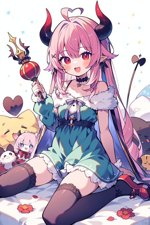  (best quality), (masterpiece),crown, 1girl, mini_crown, smile, thighhighs, long_sleeves, red_footwear, :d, open_mouth, holding, hair_between_eyes, pink_hair, frills, wings, horns, frilled_sleeves, solo, looking_at_viewer, stuffed_toy, sitting, stuffed_animal, choker, red_eyes, black_thighhighs, dress, fur_trim, long_hair,shoes, between_legs, staff, scepter, flower, collarbone, blush, red_cape, cape, wide_sleeves, demon_horns, ribbon, frilled_dress, holding_staff, demon_tail, hand_between_legs, sleeves_past_wrists