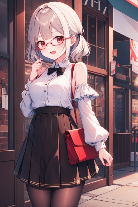  (masterpiece),(best quality),multiple girls, shirt, animal ears, skirt, red eyes, white shirt, bag, long sleeves, long hair, brown hair, pantyhose, shoulder bag, smile, twintails, dress, glasses, holding, bare shoulders, puffy long sleeves, black skirt, bangs, collared shirt, sleeveless, off shoulder, red-framed eyewear, breasts, food, :d, brown eyes, short hair, pleated skirt, detached sleeves, black dress, outdoors, white hair, semi-rimless eyewear, puffy sleeves, open mouth, closed mouth, under-rim eyewear