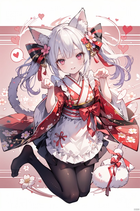  (best quality),(masterpiece),tail ornament, 1girl, pantyhose, hair ornament, tail, looking at viewer, red eyes, bangs, wide sleeves, tail ribbon, animal ears, no shoes, flower, spoken heart, paw pose, cat ears, heart, hair flower, twintails, red flower, japanese clothes, tassel, blush, cat tail, solo, kimono, bow, long hair, full body, apron, long sleeves, extra ears, red bow, parted lips, smile, black bow, tail bow, hands up, pink kimono, animal ear fluff, cat