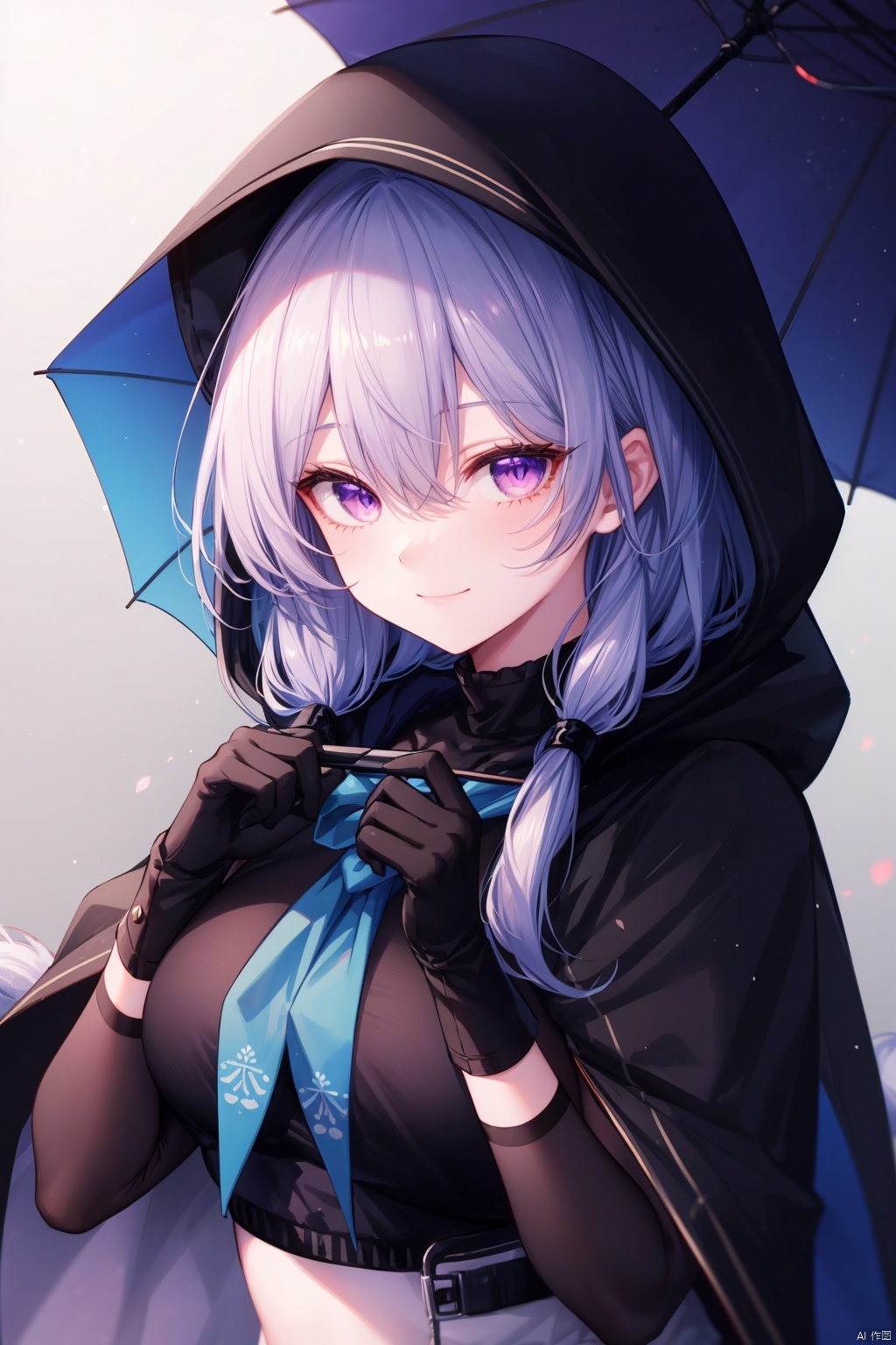  1boy, 1girl, androgynous, virtual youtuber, solo, best quality, blurry background, upper body, male focus, looking at viewer, holding umbrella, smile, closed mouth, pink eyes, hair between eyes, purple eyes, blue hair, short hair with long locks, long hair, sidelocks, bangs, breasts, black gloves, elbow gloves, blue gloves, black shirt, blue cloak, white cloak, hooded cloak, hood down, black ribbon, blue headwear, otoko no ko, infection monitor \(arknights\), beret, hand up, blue neckerchief, hands up, blurry foreground, depth of field, motion blur, chromatic aberration