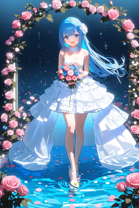 1girl, solo, dress, blue_eyes, flower, bouquet, blue_hair, pink_flower, smile, open_mouth, water, white_dress, strapless, breasts, rose, pink_rose, bare_shoulders, bare_legs, holding, high_heels, full_body, looking_at_viewer, strapless_dress