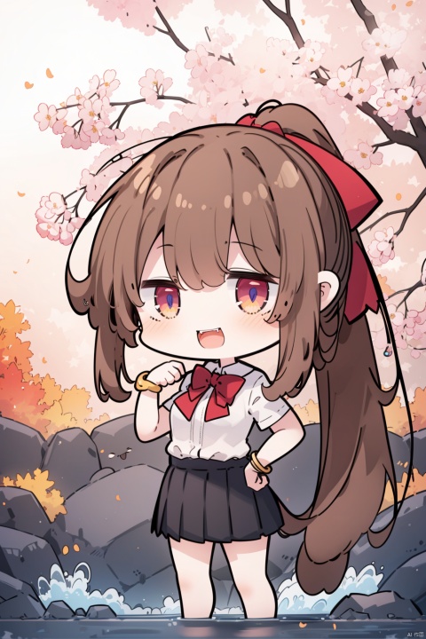  1girl, solo, best quality, detailed, looking at viewer, standing, holding animal, blush, smile, open mouth, cat tail, teeth, long hair, brown hair, ponytail, hair ribbon, bangs, large breasts, hand on hip, white shirt, pleated skirt, school uniform, black skirt, collared shirt, dress shirt, short sleeves, red bowtie, red ribbon, bracelet, outdoors, water, fangs, cherry blossoms, branch, black cat, wrist scrunchie, maple leaf, autumn leaves, wisteria, bare tree, spring \(season\), river