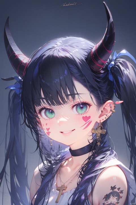  1girl, solo, impasto, realistic, best quality, portrait, looking at viewer, smile, ear piercing, horns, green eyes, black hair, long hair, twintails, bangs, bandaid on nose, heart tattoo, collar, cross earrings, necklace, baseball bat, black choker, body writing, chained, facepaint, facial mark, leash