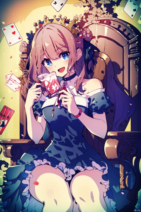  (best quality),(masterpiece),1girl, long_hair, playing_card, cup, crown, card, sitting, braid, very_long_hair, blue_eyes, flower, red_hair, dress, solo, petals, looking_at_viewer, smile, heart, detached_sleeves, rose, ribbon, spade_\(shape\), holding, open_mouth, holding_cup, breasts, hair_ribbon, red_flower, throne,hair_ornament, :d, ace_\(playing_card\), black_dress, bare_shoulders