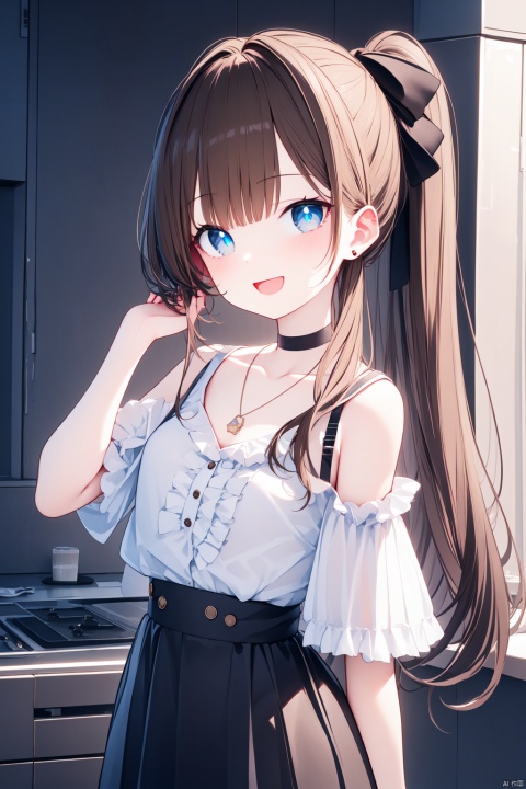  (masterpiece),(best quality),1girl, solo, skirt, blue eyes, smile, brown hair, looking at viewer, shirt, ponytail, white shirt, black skirt, blush, choker, bangs, long hair, short sleeves, open mouth, jewelry, frills, collarbone, hand up, bow, off shoulder, hair bow, black choker, bare shoulders, :d, white bow, breasts, necklace, frilled shirt, off-shoulder shirt