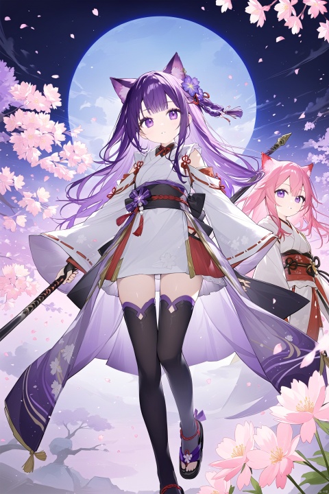 yae_miko, japanese_clothes, raiden_shogun, long_hair, multiple_girls, 2girls, pink_hair, purple_hair, purple_eyes, cherry_blossoms, wide_sleeves, animal_ears, purple_kimono, okobo, holding, breasts, weapon, detached_sleeves, braid, fox_ears, hair_ornament, kimono, electricity, jewelry, holding_weapon, nontraditional_miko, thighhighs, obi, bridal_gauntlets, polearm, looking_at_viewer, sash, sandals, sky, shoulder_armor, petals, holding_polearm, very_long_hair