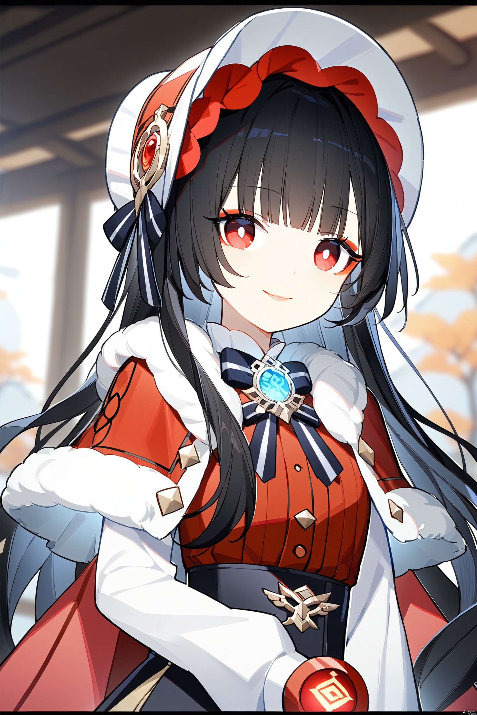  (best quality),(masterpiece),1girl, solo, red_eyes, letterboxed, long_hair, bangs, blunt_bangs, long_sleeves, black_hair, smile, upper_body, capelet, blurry_background, bonnet, vision_(genshin_impact), makeup, breasts, blurry, dress, fur_trim, fur_collar