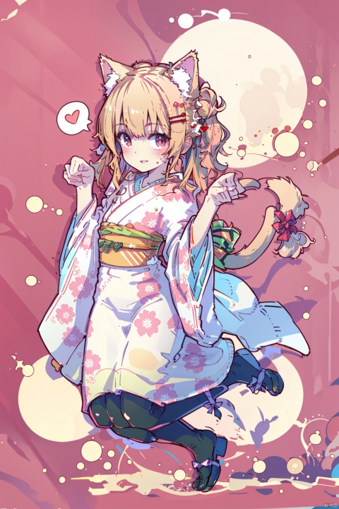  (best quality),(masterpiece),tail ornament, 1girl, pantyhose, hair ornament, tail, looking at viewer, red eyes, bangs, wide sleeves, tail ribbon, animal ears, no shoes, flower, spoken heart, paw pose, cat ears, heart, hair flower, twintails, red flower, japanese clothes, tassel, blush, cat tail, solo, kimono, bow, long hair, full body, apron, long sleeves, extra ears, red bow, parted lips, smile, black bow, tail bow, hands up, pink kimono, animal ear fluff, cat