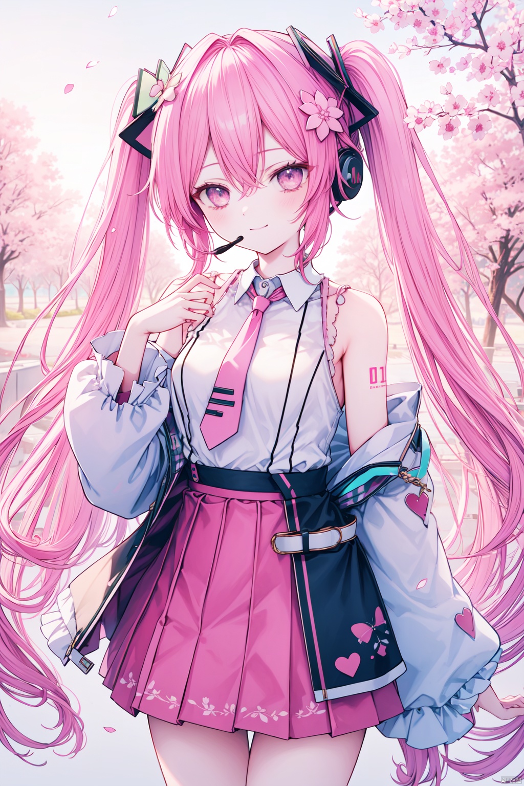  (masterpiece),(best quality),1girl, solo, sakura miku, hatsune miku, cherry hair ornament, necktie, pink hair, skirt, pink necktie, long hair, shirt, twintails, detached sleeves, pink skirt, hair ornament, pleated skirt, looking at viewer, pink eyes, food-themed hair ornament, white shirt, bangs, very long hair, sleeveless shirt, cherry blossoms, sleeveless, pink theme, closed mouth, collared shirt, cowboy shot, smile, hair between eyes, headset, bare shoulders, blush, long sleeves, pink flower