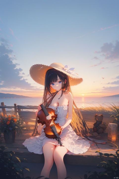  1girl, solo, impasto, best quality,depth of field,aesthetic, detailed, scenery, sitting, holding instrument, blue eyes, long hair, cleavage, white dress, strapless dress, straw hat, bare shoulders, ribbon, violin, playing instrument, cloudy sky, sunset, twilight, ocean, blue sky, evening, outdoors, orange sky, sunrise, mountainous horizon, gradient sky
