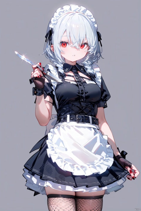  1girl, maid headdress, maid apron, izayoi sakuya, solo, best quality, detailed, black background, simple background, cowboy shot, looking at viewer, standing, holding knife, parted lips, red eyes, hair between eyes, white hair, short hair, silver hair, twin braids, bangs, medium breasts, fingerless gloves, black gloves, fishnet thighhighs, black dress, white apron, waist apron, frilled apron, petticoat, puffy short sleeves, black belt, wing collar, fingernails, red nails, nail polish, hand up, wrist cuffs, bow, buckle