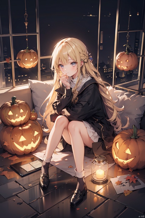  (best quality), (masterpiece),1girl, solo, long_hair, blonde_hair, sitting, socks, pumpkin, lantern

