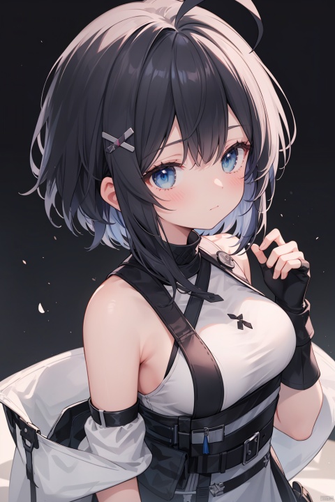 1girl, la pluma \(arknights\), solo, gloves, fingerless gloves, blue eyes, upper body, black gloves, looking at viewer, black hair, breasts, bare shoulders, short hair, hair ornament, medium breasts, sleeveless, hair intakes, closed mouth, shirt, ahoge, sleeveless shirt, hairclip