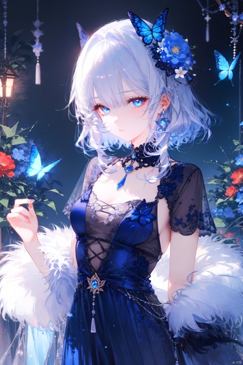 (masterpiece),(best quality),night,glowing eyes,gothic,long dress, 1 girl, solo, long white hair, blue eyes, detailed eyes, blink and youll miss it detail,butterfly, flower garden, high quality, floral background, very detailed,off shoulde