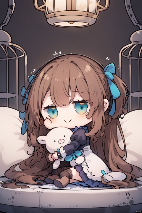cage, birdcage, 1girl, green_eyes, long_hair, solo, dress, thighhighs, fishnet_thighhighs, fishnets, high_heels, rose, flower, stuffed_toy, puffy_sleeves, blue_rose, short_sleeves, very_long_hair, frills, ribbon, stuffed_animal, puffy_short_sleeves, lying, smile, brown_hair, blue_flower, hugging_object, on_side