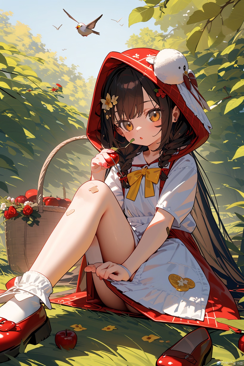  (best quality),(masterpiece),1girl, braid, solo, knife, flower, tree, bottle, sitting, long_hair, twin_braids, basket, brown_hair, bird, rose, hood, bow, little_red_riding_hood_\(grimm\), socks, mushroom, very_long_hair, nature, white_socks, food, red_flower, shoes, yellow_eyes, outdoors, apron, watermark, hair_ornament, red_footwear, hair_bow, white_apron, looking_at_viewer, forest, bandaid, bandaid_on_leg, yellow_bow, apple, wine_bottle, mary_janes, fruit, red_rose, dress, brown_eyes