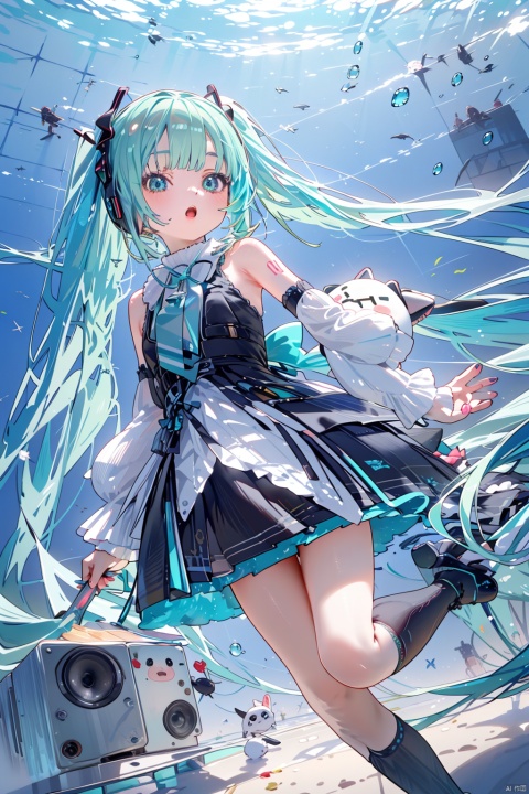 1girl, headphones, hatsune miku, long hair, keyboard \(instrument\), solo, dress, black dress, twintails, speaker, instrument, aqua hair, very long hair, detached sleeves, frilled dress, aqua nails, aqua eyes, frills, magical mirai miku, open mouth, bow, kneehighs, aqua bow, bare shoulders, cube, looking at viewer, animal ears, socks, bubble, cable