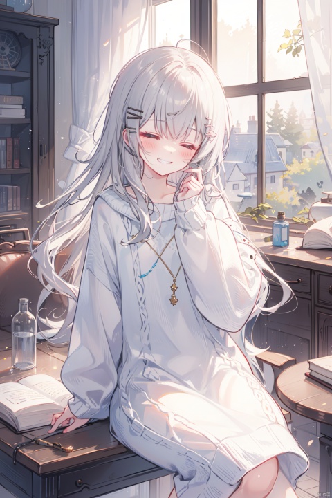 closed eyes, 1girl, solo, book, smile, long hair, indoors, hair ornament, window, long sleeves, open book, hairclip, curtains, shirt, desk, blush, sitting, jar, grin, bottle, grey hair