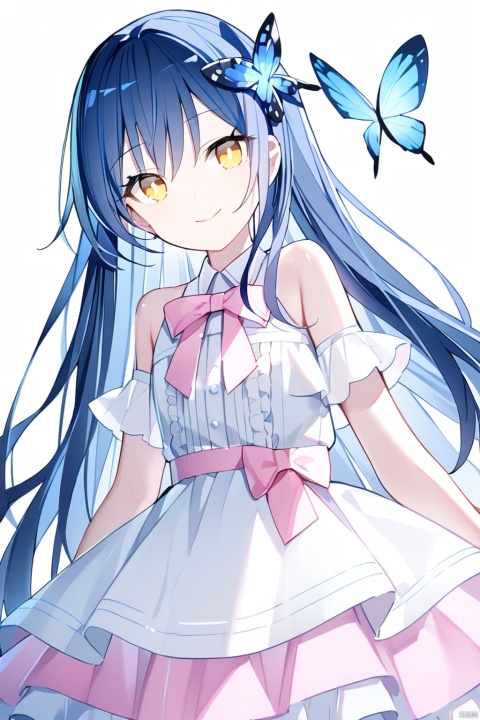 (best quality),(masterpiece),1girl, hair ornament, butterfly hair ornament, solo, long hair, dress, flower, sonoda umi, looking at viewer, blue hair, bow, bangs, hair flower, smile, frills, yellow eyes, pink bow, hair between eyes, white dress, closed mouth, frilled dress, butterfly, bare shoulders, white background, very long hair, bowtie
