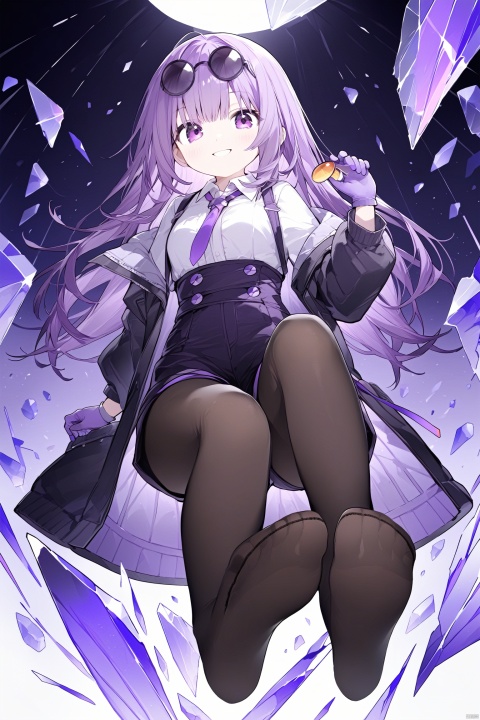 1girl, pantyhose, eyewear_on_head, solo, feet, no_shoes, gloves, shirt, purple_eyes, purple_hair, looking_at_viewer, breasts, purple_gloves, long_sleeves, shorts, white_shirt, toes, jacket, high-waist_shorts, pantyhose_under_shorts, smile, sunglasses, round_eyewear, collared_shirt, black_jacket, large_breasts, black_shorts, soles, long_hair, legs, full_body, broken_glass, pince-nez