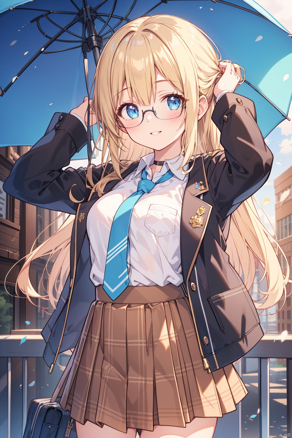 1girl, skirt, shirt, solo, long hair, jacket, necktie, glasses, white shirt, smile, blue eyes, blue necktie, arms up, blonde hair, looking at viewer, pleated skirt, long sleeves, umbrella, plaid skirt, choker, school uniform, bangs, collared shirt, bag, holding, holding umbrella, open jacket, rabbit, plaid, parted lips, brown skirt, day, outdoors, blush, transparent umbrella, open clothes, cowboy shot, black jacket, shirt tucked in, breasts