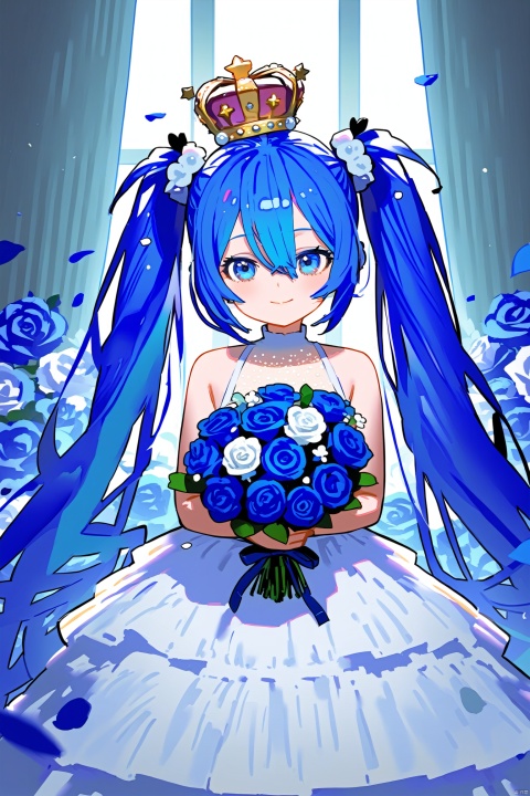 1girl, solo, flower, bouquet, hatsune_miku, holding_bouquet, crown, dress, long_hair, rose, blue_eyes, smile, twintails, looking_at_viewer, white_dress, purple_flower, holding, petals, very_long_hair, blue_flower, closed_mouth, blue_hair, blue_rose, hair_between_eyes, hair_ornament, purple_rose