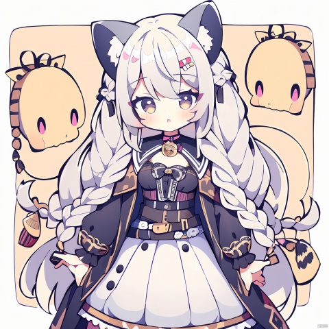  QB,chibi,1girl, solo, pramanix \(arknights\), animal ears, long hair, leopard ears, cowboy shot, looking at viewer, braid, holding, animal ear fluff, grey eyes, bell, dress, bangs, breasts, jewelry, blush, very long hair, belt, twin braids, black background, parted lips, leopard tail, white dress, necklace, grey hair, hair between eyes, black cape, side braids, long sleeves, medium breasts, black belt