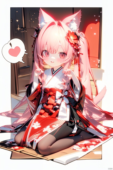  (best quality),(masterpiece),tail ornament, 1girl, pantyhose, hair ornament, tail, looking at viewer, red eyes, bangs, wide sleeves, tail ribbon, animal ears, no shoes, flower, spoken heart, paw pose, cat ears, heart, hair flower, twintails, red flower, japanese clothes, tassel, blush, cat tail, solo, kimono, bow, long hair, full body, apron, long sleeves, extra ears, red bow, parted lips, smile, black bow, tail bow, hands up, pink kimono, animal ear fluff, cat