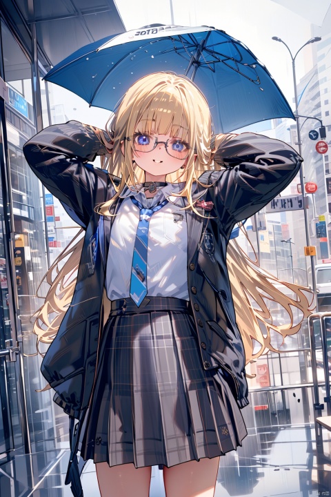 1girl, skirt, shirt, solo, long hair, jacket, necktie, glasses, white shirt, smile, blue eyes, blue necktie, arms up, blonde hair, looking at viewer, pleated skirt, long sleeves, umbrella, plaid skirt, choker, school uniform, bangs, collared shirt, bag, holding, holding umbrella, open jacket, rabbit, plaid, parted lips, brown skirt, day, outdoors, blush, transparent umbrella, open clothes, cowboy shot, black jacket, shirt tucked in, breasts