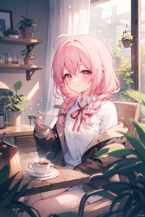  1girl, cactus, solo, best quality, lighting and shadow, blurry background, looking at viewer, sitting, holding cup, smile, blush, closed mouth, hair between eyes, pink eyes, pink hair, long hair, braid, bangs, ahoge, white shirt, collared shirt, open clothes, jacket, long sleeves, off shoulder, ribbon, vase, window, indoors, animal on lap, blue flower, black cat, cardigan, blurry foreground, potted plant, depth of field, curtains, teacup, cafe, coffee mug, table, watering can, on chair, leaf
