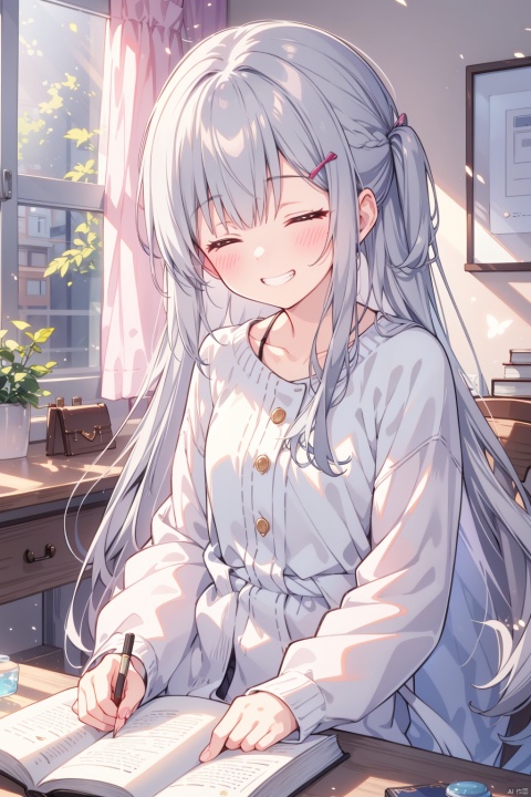 closed eyes, 1girl, solo, book, smile, long hair, indoors, hair ornament, window, long sleeves, open book, hairclip, curtains, shirt, desk, blush, sitting, jar, grin, bottle, grey hair