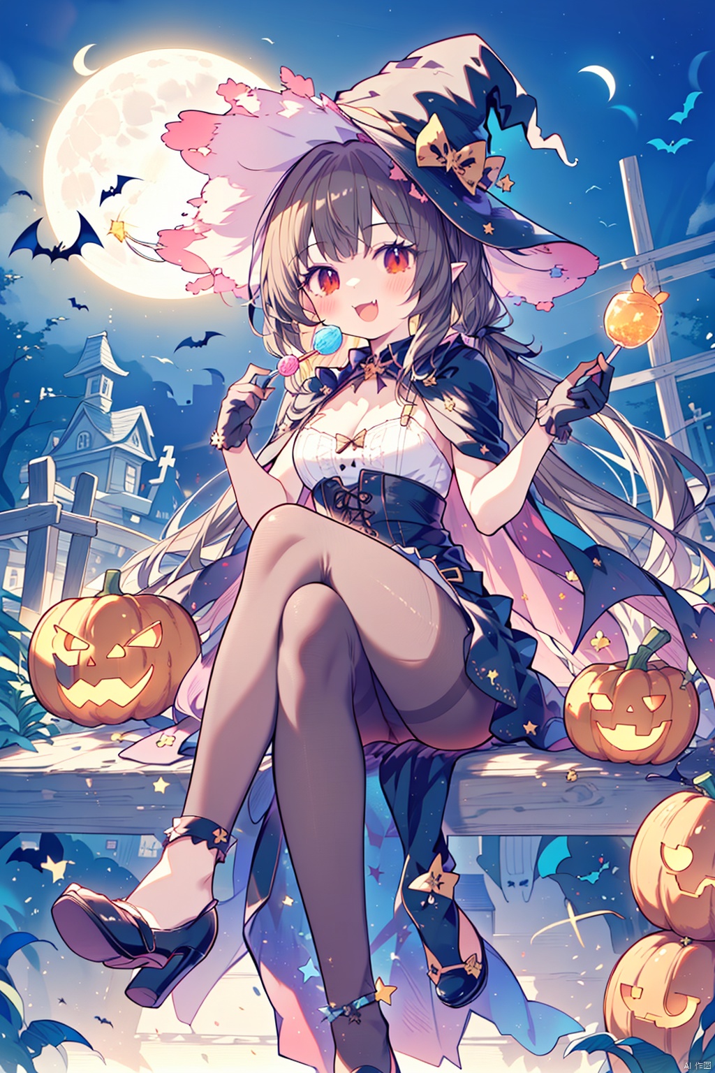  (best quality),(masterpiece),1girl, hat, red eyes, jack-o'-lantern, pantyhose, witch hat, brown hair, crossed legs, long hair, halloween, black footwear, high heels, cape, breasts, sitting, looking at viewer, smile, open mouth, moon, solo, food, ghost, :d, dress, candy, bat (animal), gloves, pumpkin, halloween bucket, orange dress, black cape, holding, black gloves, full moon, bangs, lollipop, head wings, black headwear, animal, medium breasts, cat, shoes, very long hair, fang, star (symbol), cleavage, multicolored cape, fangs