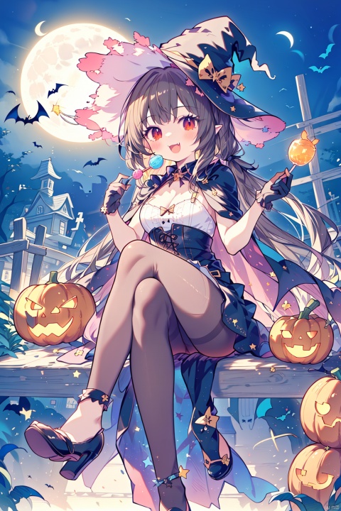  (best quality),(masterpiece),1girl, hat, red eyes, jack-o'-lantern, pantyhose, witch hat, brown hair, crossed legs, long hair, halloween, black footwear, high heels, cape, breasts, sitting, looking at viewer, smile, open mouth, moon, solo, food, ghost, :d, dress, candy, bat (animal), gloves, pumpkin, halloween bucket, orange dress, black cape, holding, black gloves, full moon, bangs, lollipop, head wings, black headwear, animal, medium breasts, cat, shoes, very long hair, fang, star (symbol), cleavage, multicolored cape, fangs