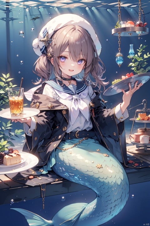  (best quality),(masterpiece),food, 1girl, underwater, hat, air_bubble, one_eye_closed, brown_hair, bubble, solo, plate, fish, holding, smile, blue_headwear, mermaid, purple_eyes, monster_girl, belt, chain, open_mouth, looking_at_viewer, coral, tray, ;d, neckerchief, sailor_collar, skirt, copyright_notice, company_name, long_sleeves, beret