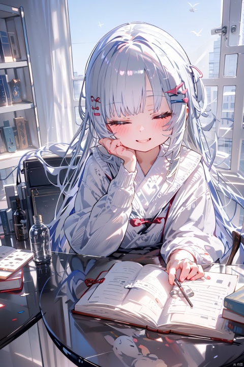 closed eyes, 1girl, solo, book, smile, long hair, indoors, hair ornament, window, long sleeves, open book, hairclip, curtains, shirt, desk, blush, sitting, jar, grin, bottle, grey hair