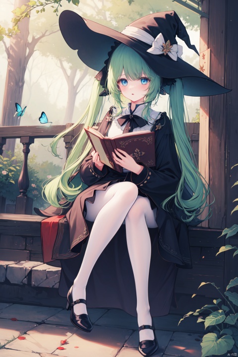  (masterpiece),(best quality),1girl, solo, hat, book, blue eyes, witch hat, bug, green hair, long hair, holding, dress, twintails, sitting, holding book, bangs, outdoors, looking at viewer, butterfly, long sleeves, brooch, flower, white pantyhose, blush, pantyhose, collared dress, black headwear, open book, black footwear, shoes, railing, black dress, parted lips, hat flower, witch, bow, day, tree, hair ornament