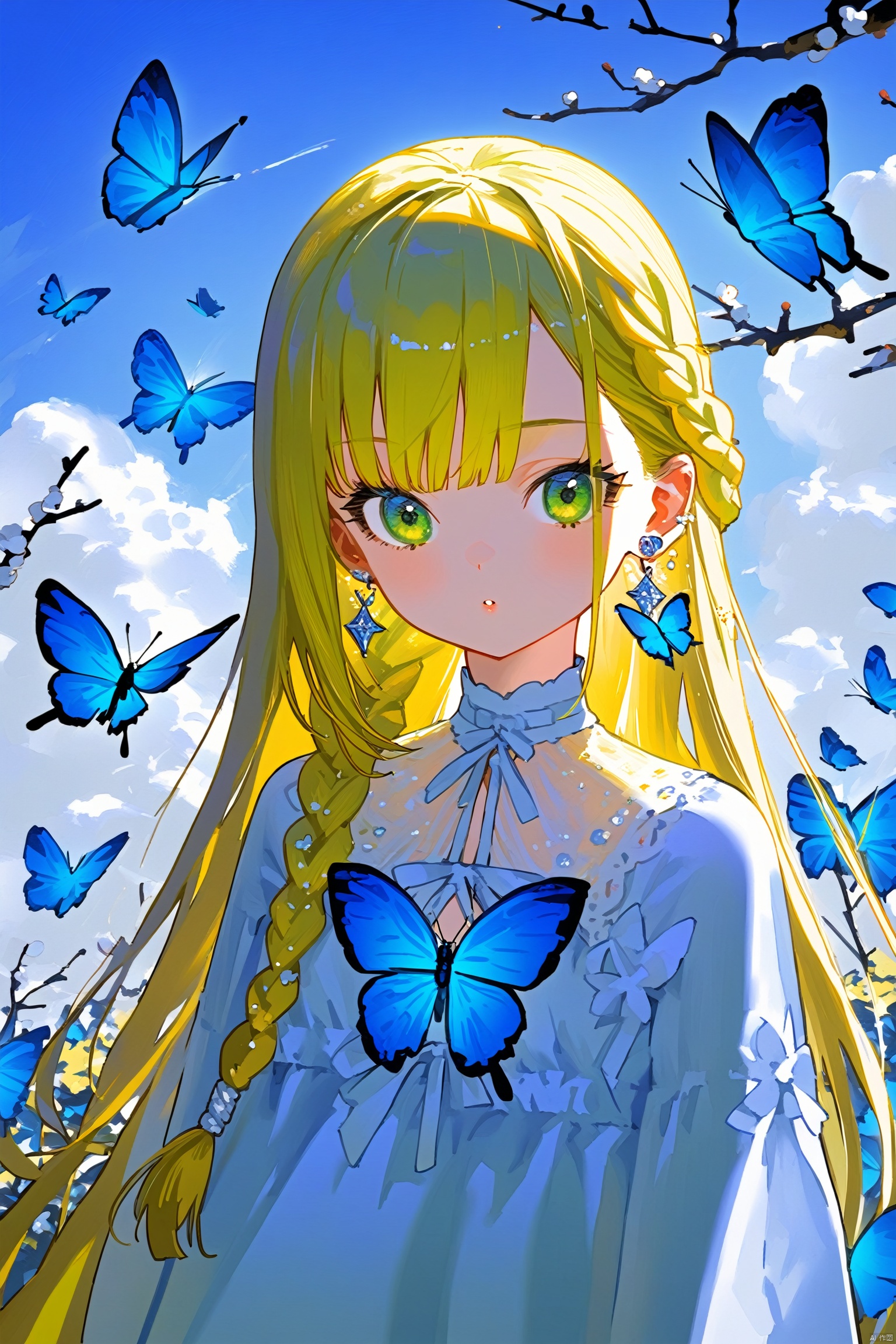 1girl, bird, long_hair, solo, butterfly, bug, sky, earrings, looking_at_viewer, nail_polish, braid, blue_butterfly, jewelry, cloud, outdoors, dress, branch, green_eyes, upper_body