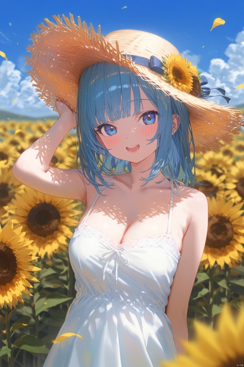 (masterpiece),(best quality),1girl, solo, flower, dress, blue_hair, sunflower, outdoors, hat, white_dress, blue_eyes, sky, breasts, cloud, straw_hat, open_mouth, smile, looking_at_viewer, cleavage, day, sleeveless_dress, sleeveless, medium_breasts, yellow_flower, bangs, field, petals, :d, blue_sky, blush, flower_field, bare_shoulders, medium_hair, sundress, hand_on_headwear, collarbone, blurry, cloudy_sky