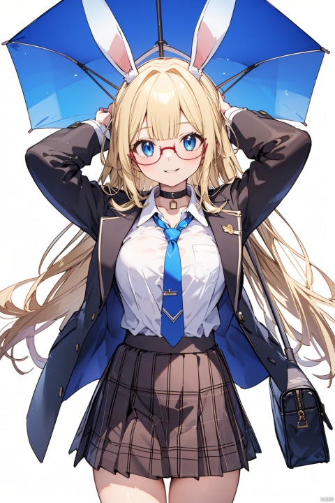 1girl, skirt, shirt, solo, long hair, jacket, necktie, glasses, white shirt, smile, blue eyes, blue necktie, arms up, blonde hair, looking at viewer, pleated skirt, long sleeves, umbrella, plaid skirt, choker, school uniform, bangs, collared shirt, bag, holding, holding umbrella, open jacket, rabbit, plaid, parted lips, brown skirt, day, outdoors, blush, transparent umbrella, open clothes, cowboy shot, black jacket, shirt tucked in, breasts