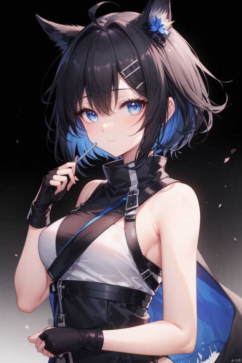 1girl, la pluma \(arknights\), solo, gloves, fingerless gloves, blue eyes, upper body, black gloves, looking at viewer, black hair, breasts, bare shoulders, short hair, hair ornament, medium breasts, sleeveless, hair intakes, closed mouth, shirt, ahoge, sleeveless shirt, hairclip