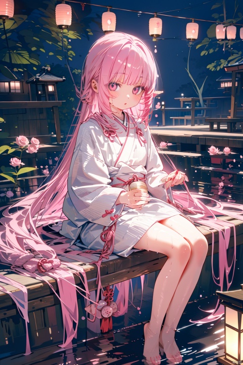 1girl, long hair, solo, pink hair, looking at viewer, lantern, water, bangs, sitting, long sleeves, wet, holding lantern, barefoot, very long hair, pink eyes, in water, japanese clothes