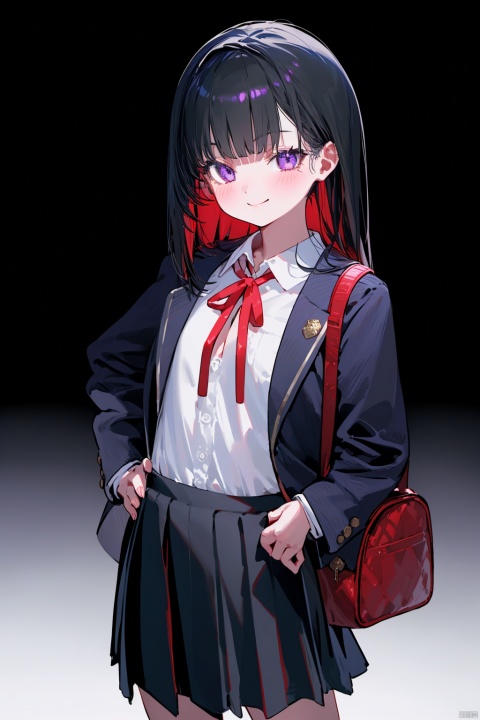 solo, 1girl, shirt, skirt, bag, pleated skirt, white shirt, ribbon, neck ribbon, black hair, smile, long hair, collared shirt, gradient background, jacket, looking at viewer, purple eyes, bow, school bag, school uniform, hair bow, closed mouth, red ribbon, open clothes, long sleeves, black skirt, blush, black background, open jacket, hand on own hip