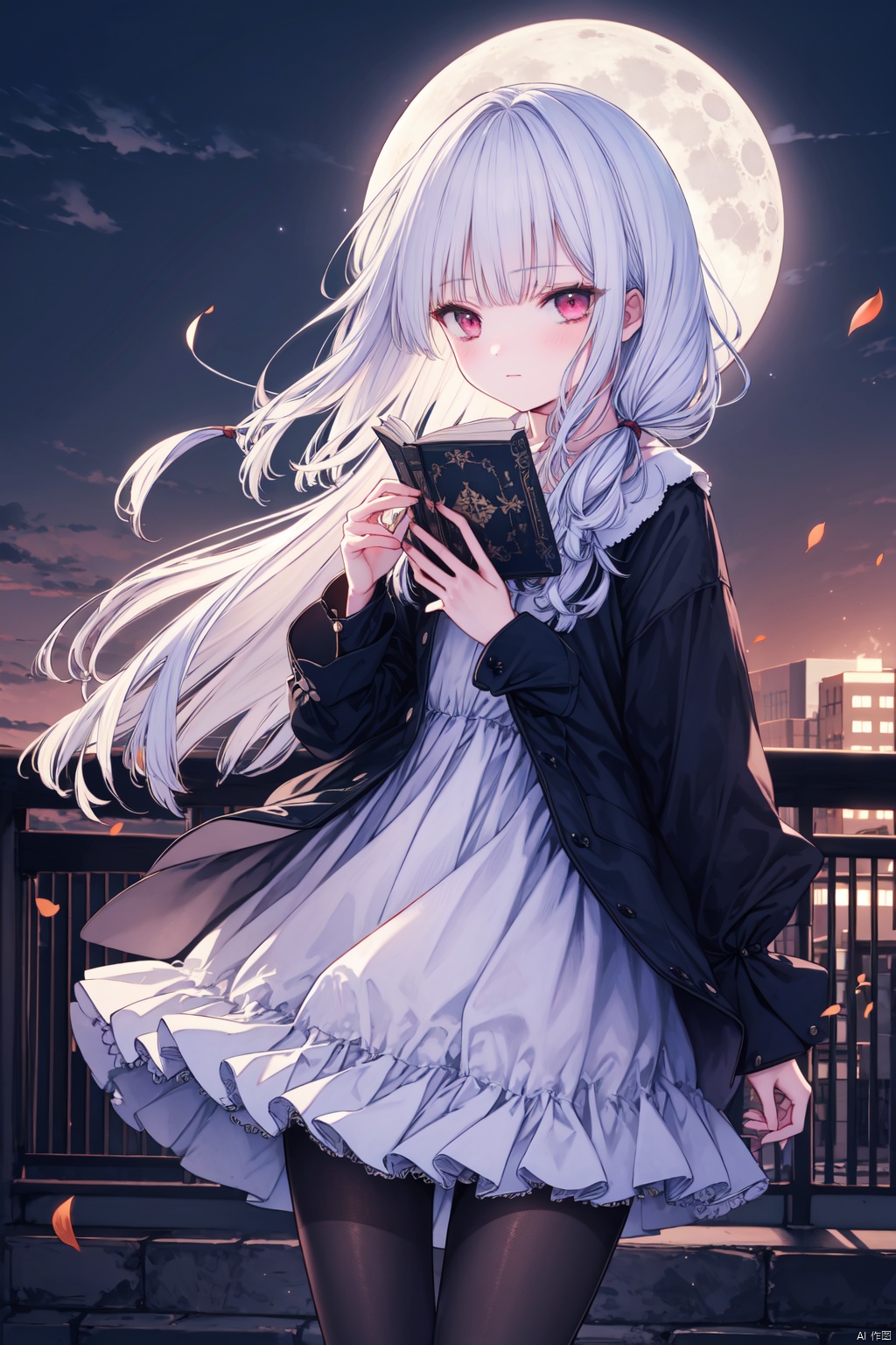  (masterpiece),(best quality),1girl, solo, red eyes, pantyhose, moon, holding, holding book, book, long hair, sky, white hair, outdoors, looking at viewer, long sleeves, full moon, blush, frills, petals, bangs, dress, black pantyhose, standing, fence, white dress, night, flower, cowboy shot, closed mouth