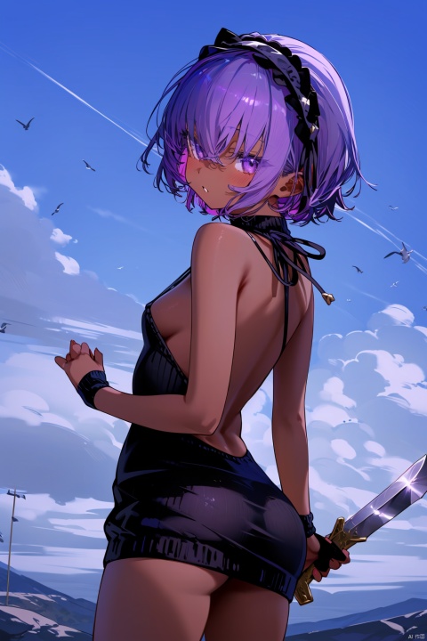  1girl, hassan of serenity \(fate\), solo, pseudo impasto, best quality, beautiful, cowboy shot, from behind, looking at viewer, looking back, holding weapon, blush, dark-skinned female, parted lips, purple eyes, hair between eyes, purple hair, short hair, black hairband, bangs, small breasts, medium breasts, sideboob, butt crack, sweater dress, virgin killer sweater, turtleneck sweater, black sweater, naked sweater, ribbed sweater, backless dress, bare shoulders, knives between fingers, bare back, kunai, arched back, halterneck, cloudy sky, drawstring