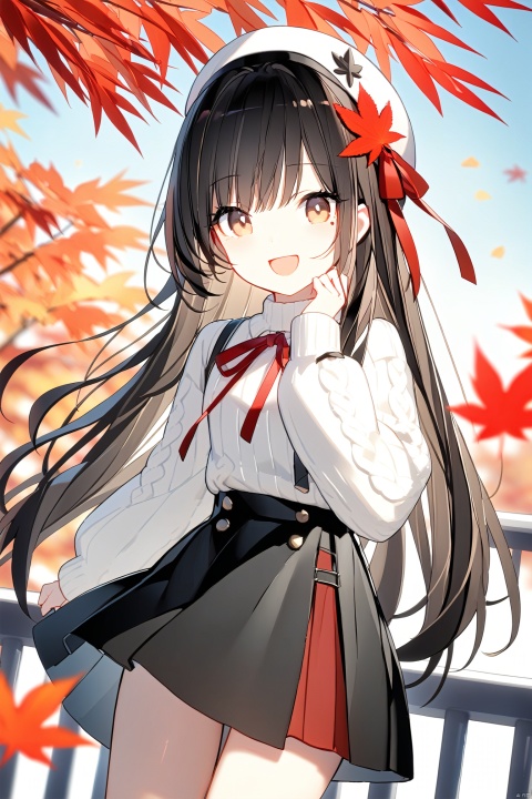  (best quality),(masterpiece),1girl, solo, skirt, long_hair, hat, maple_leaf, white_headwear, black_skirt, outdoors, long_sleeves, autumn_leaves, white_sweater, beret, bangs, smile, day, railing, red_ribbon, sweater, blurry, leaf, ribbon, very_long_hair, hair_between_eyes, depth_of_field, open_mouth, :d, hair_ornament, blurry_background, autumn, neck_ribbon, mole_under_eye, hand_up, puffy_long_sleeves, wind, puffy_sleeves, black_hair, brown_eyes, turtleneck