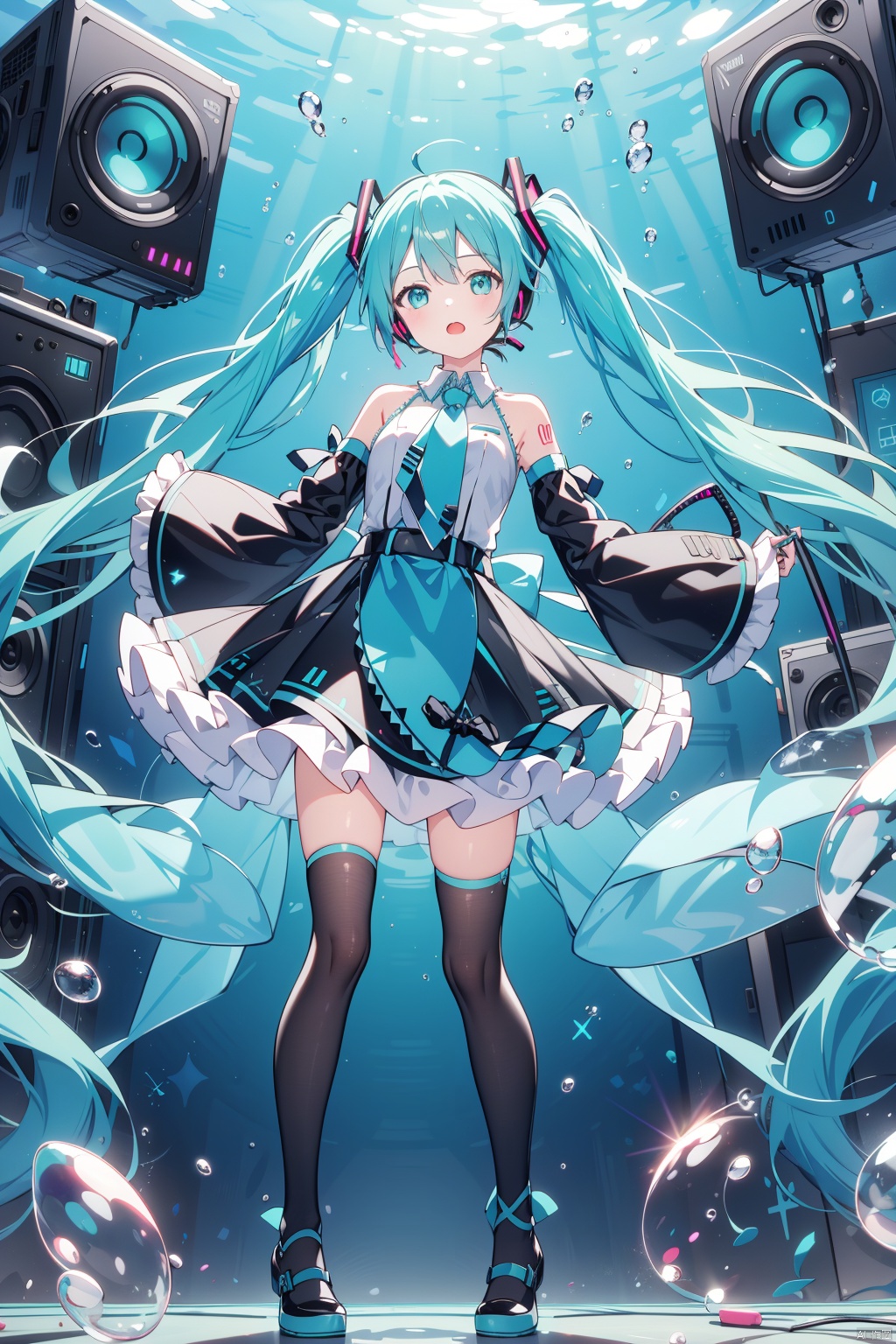 1girl, headphones, hatsune miku, long hair, keyboard \(instrument\), solo, dress, black dress, twintails, speaker, instrument, aqua hair, very long hair, detached sleeves, frilled dress, aqua nails, aqua eyes, frills, magical mirai miku, open mouth, bow, kneehighs, aqua bow, bare shoulders, cube, looking at viewer, animal ears, socks, bubble, cable