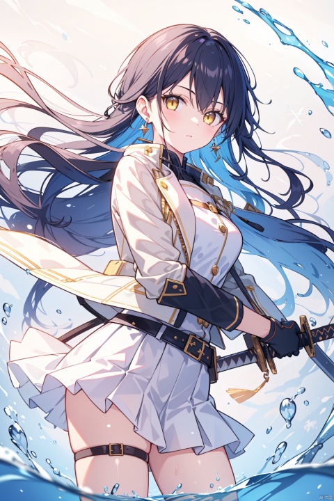 1girl, solo, weapon, holding, long hair, gloves, holding weapon, black gloves, sword, skirt, white skirt, earrings, jewelry, looking at viewer, holding sword, water, yellow eyes, jacket, sheath, white jacket, floating hair, cowboy shot, white background, thigh strap, belt, pleated skirt, breasts