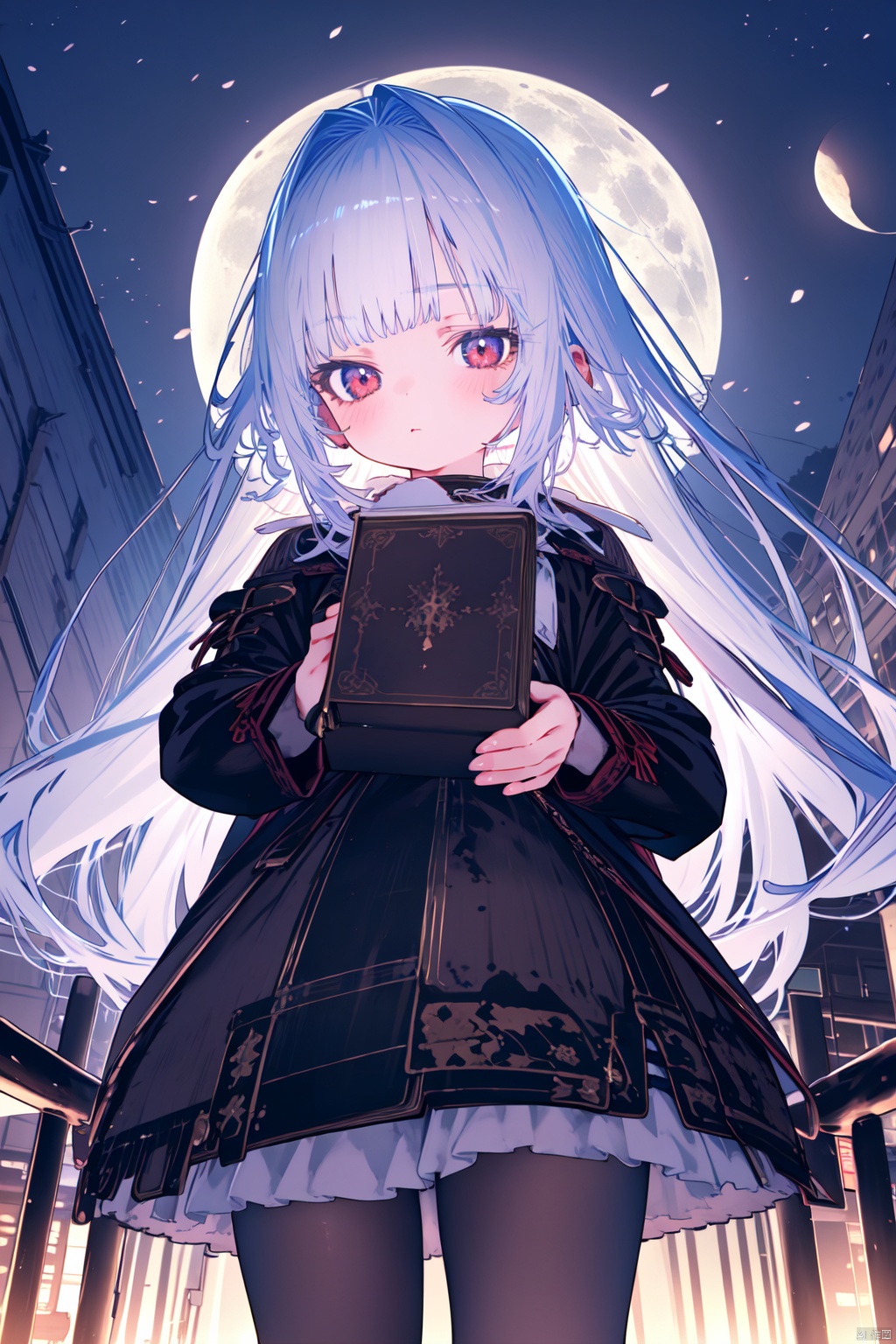  (masterpiece),(best quality),1girl, solo, red eyes, pantyhose, moon, holding, holding book, book, long hair, sky, white hair, outdoors, looking at viewer, long sleeves, full moon, blush, frills, petals, bangs, dress, black pantyhose, standing, fence, white dress, night, flower, cowboy shot, closed mouth