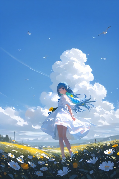 1girl, solo, sky, cloud, dress, flower, bird, blue_hair, ribbon, white_dress, scenery, blue_sky, blue_eyes