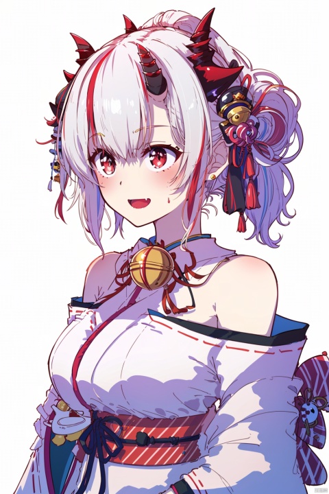  (best quality),(masterpiece),1girl, solo, bell, hair bell, virtual youtuber, nakiri ayame, long hair, horns, red eyes, hair ornament, double bun, hair bun, smile, mask, white hair, oni horns, oni mask, upper body, multicolored hair, blush, white background, open mouth, jingle bell, japanese clothes, mask on head, red hair, bare shoulders, kimono, simple background, streaked hair, holding, off shoulder, bangs, :d, tassel, oni, breasts, fang